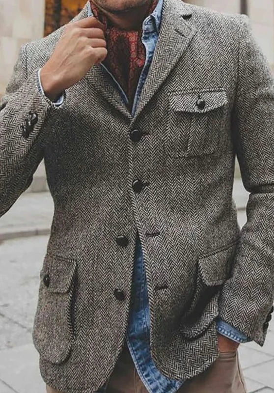 Men's herringbone tweed blazer, black wool-blend fabric classic-fit back view with structured silhouette