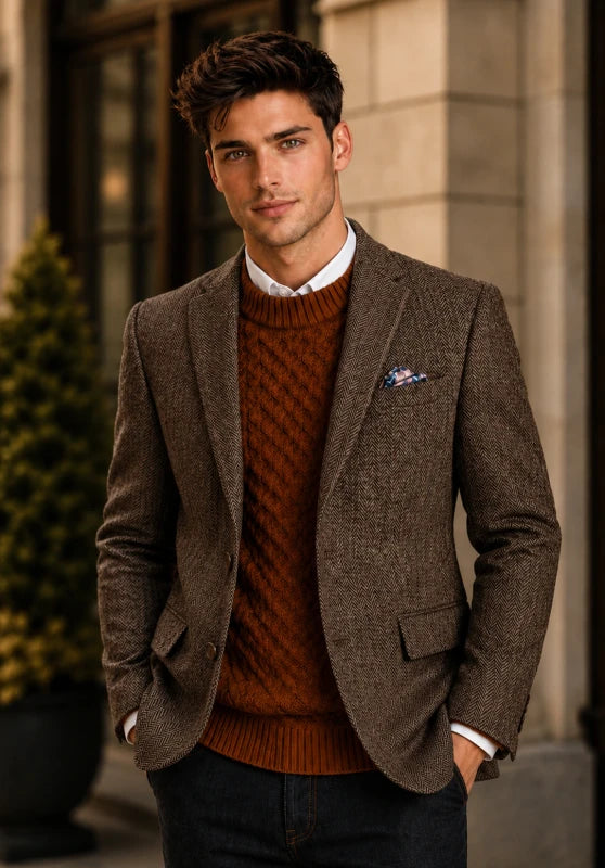 Men's herringbone tweed blazer, brown wool-blend fabric slim-fit close-up fabric and pocket detail