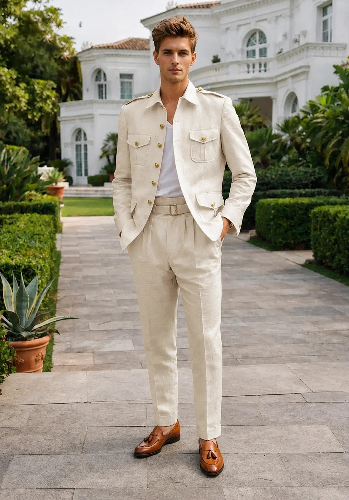 Men's Modern Fit Linen Blend 2 Piece Suit for Ceremonies