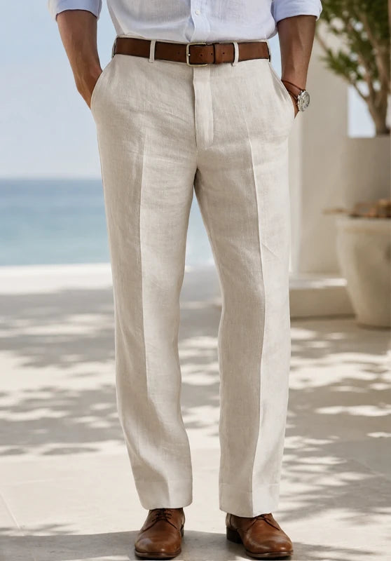 Men Beige Linen Pants