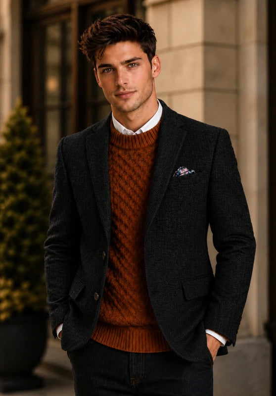 Men's herringbone tweed blazer, black wool-blend fabric slim-fit front view with 2-button closure
