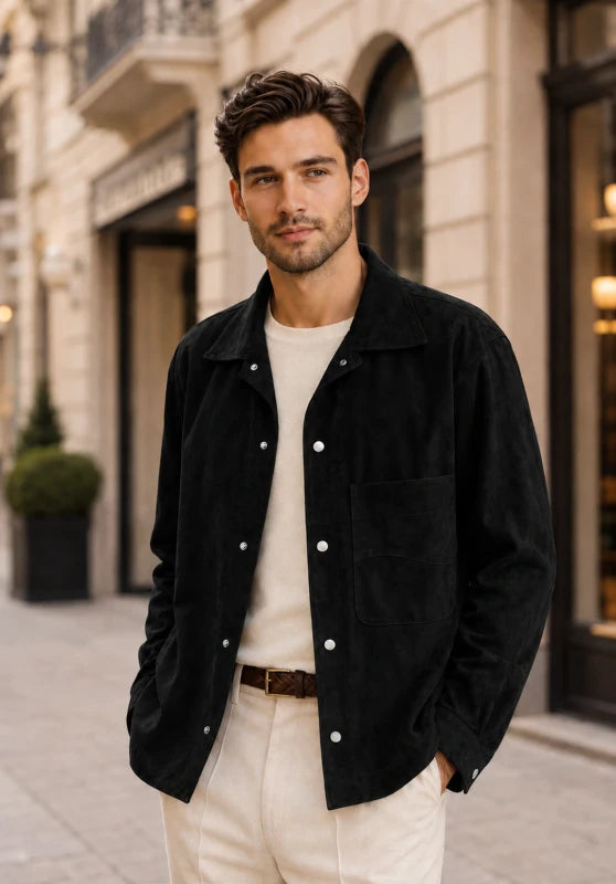 Front view of men's suede blazer in black 