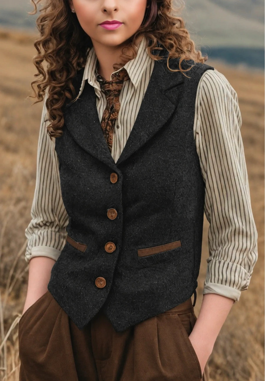 Women's Suit Vest Black Herringbone Front Styled Look