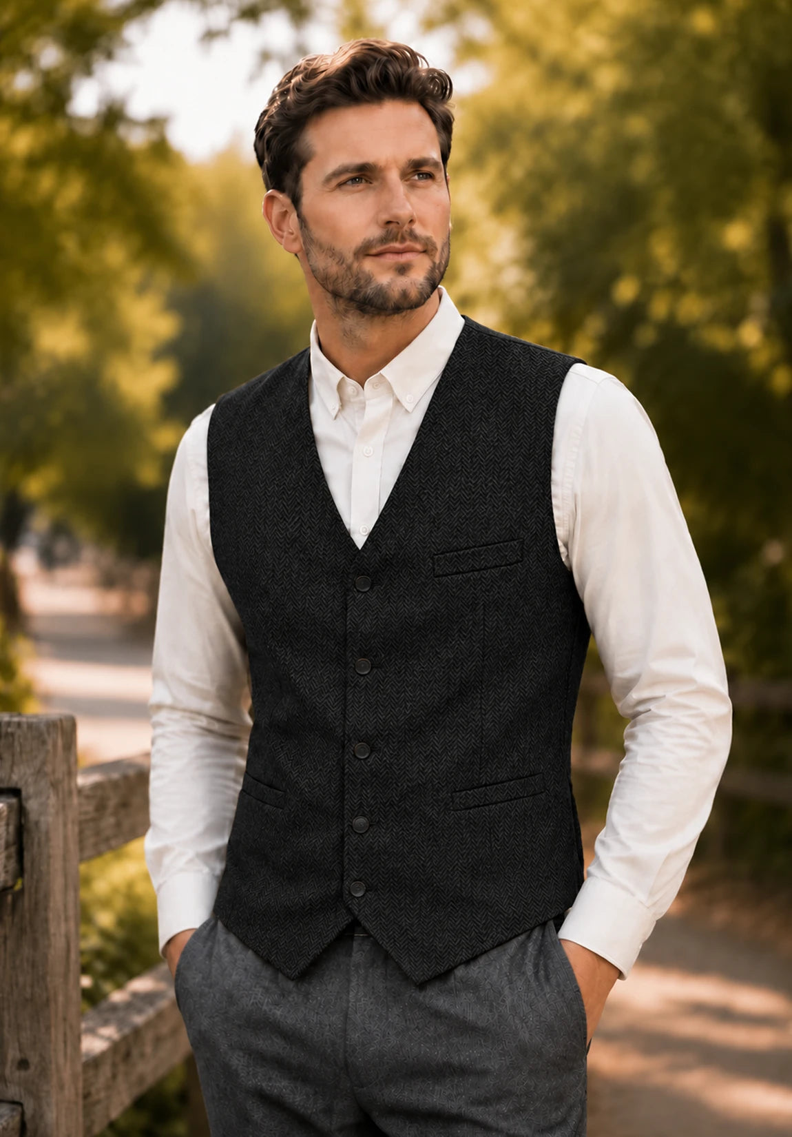 Men's Suit Vest + Black + Herringbone + Front Styled Look