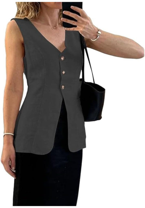 Women's Linen Vest Black Front View
