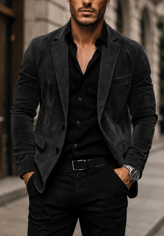Men's suede blazer, black soft suede slim-fit close-up fabric and pocket detail