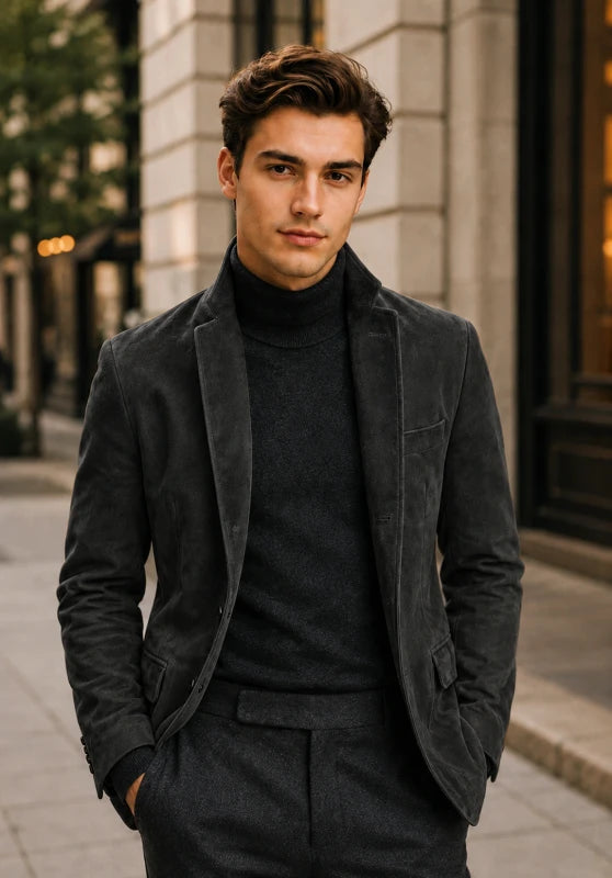 Front view of men's suede blazer in black 
