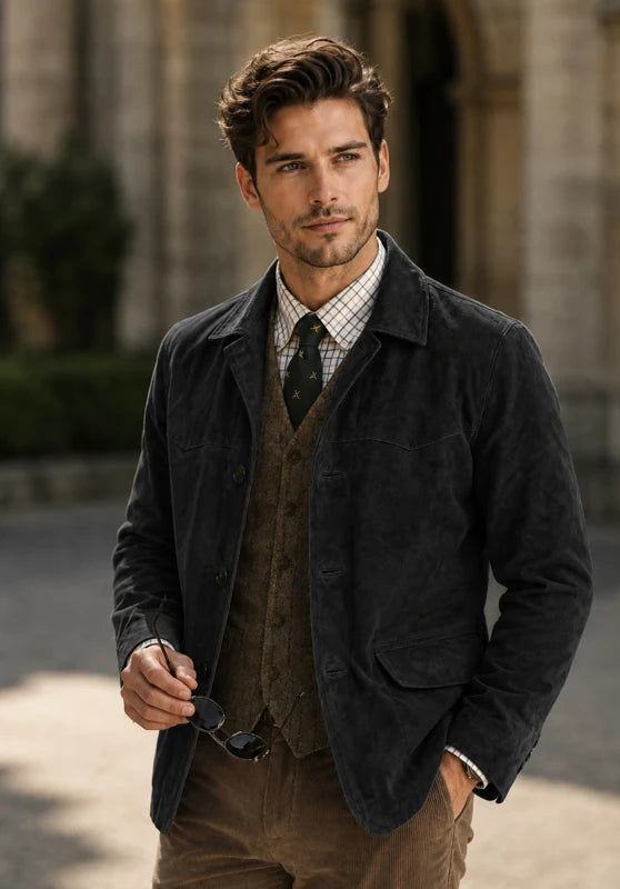 Men's suede blazer, black soft suede slim-fit close-up fabric and pocket detail