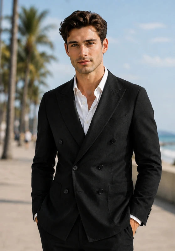 Front view of men's linen blazer in black 