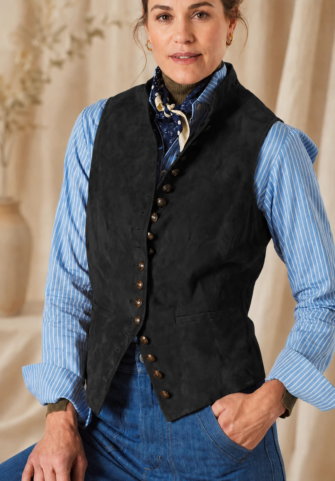 Women's Suit Vest Black Suede Front Styled Look