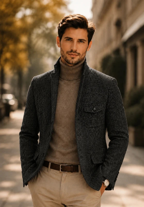 Men's herringbone tweed blazer, black wool-blend fabric classic-fit front view with 2-button closure