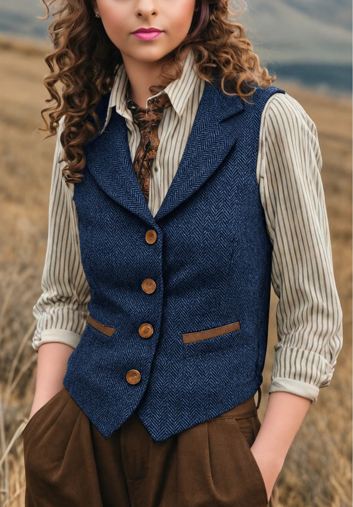 Women's Suit Vest Blue Herringbone Front Styled Look