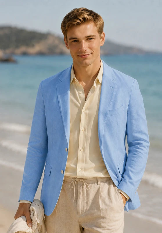 Men's linen sport coat, blue linen fabric classic-fit front view with 2-button closure