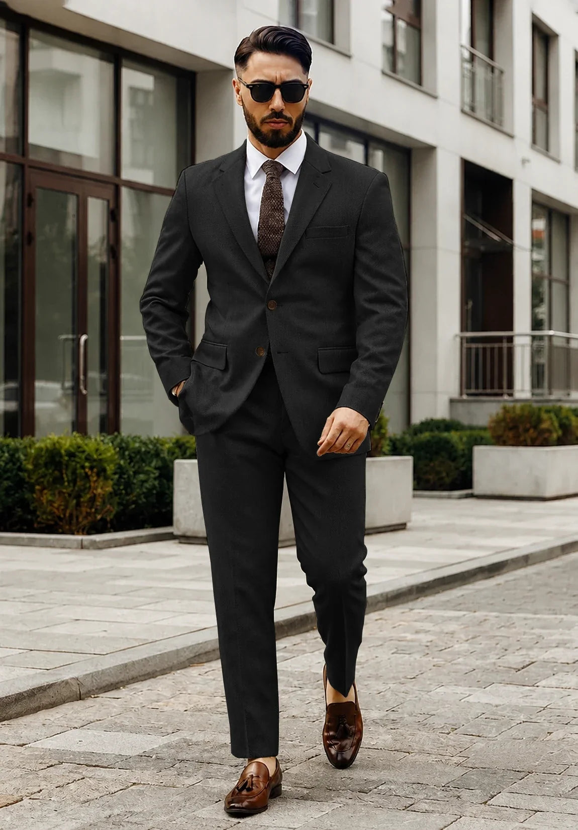 Men's Regular Fit Textured Herringbone 2 Piece Suit for Business