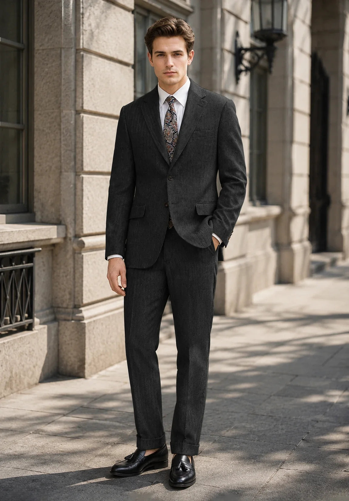 Men's Modern Fit Premium Herringbone 2 Piece Suit for Business Meetings