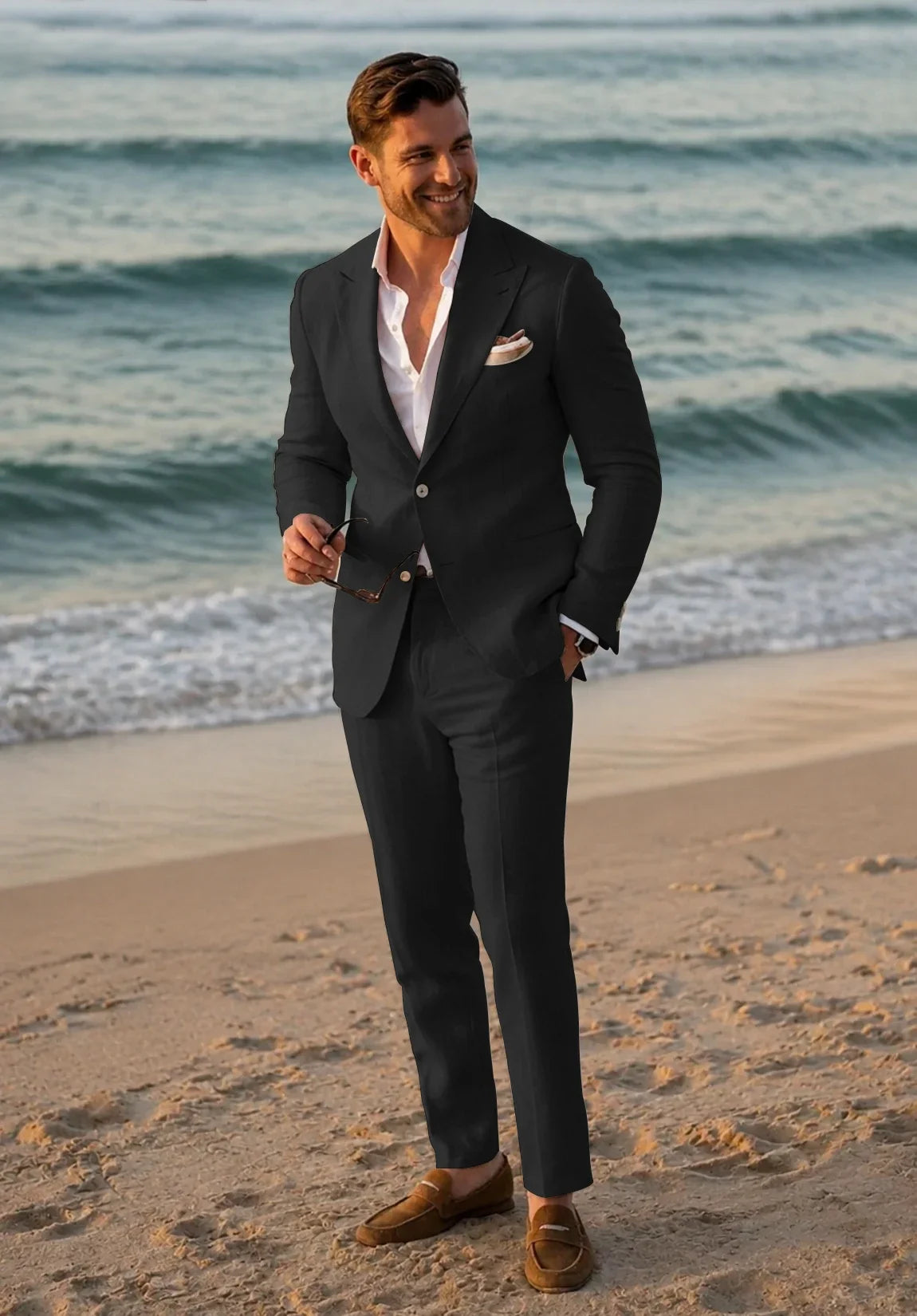 Men's Regular Fit Linen Blend 2 Piece Suit for Business
