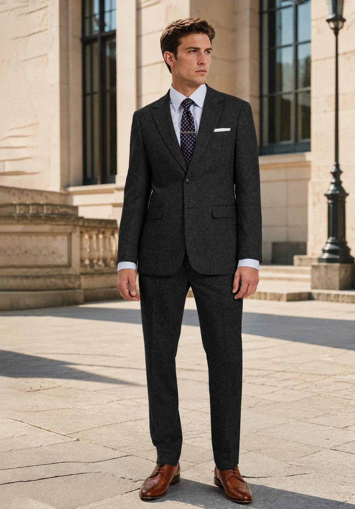 Men's Slim Fit Premium Herringbone 2 Piece Suit for Business
