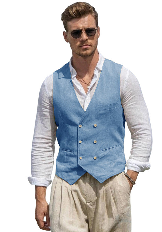 Mens Linen Suit Vest- Slim Fit Casual Dress Waistcoat