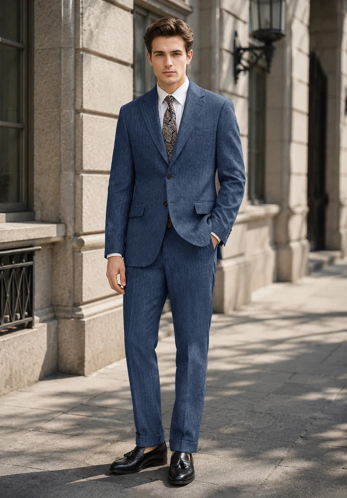 Men's Modern Fit Premium Herringbone 2 Piece Suit for Business Meetings
