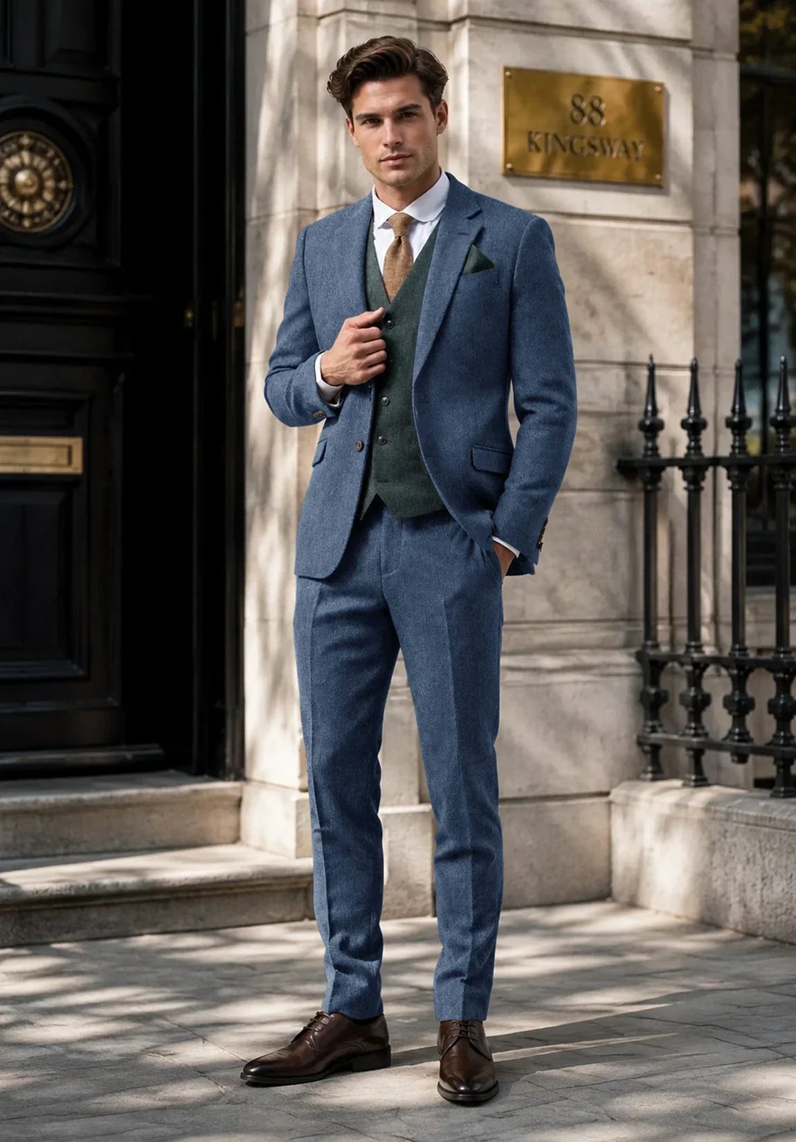 Men's Slim Fit Premium Herringbone 2 Piece Suit for Office
