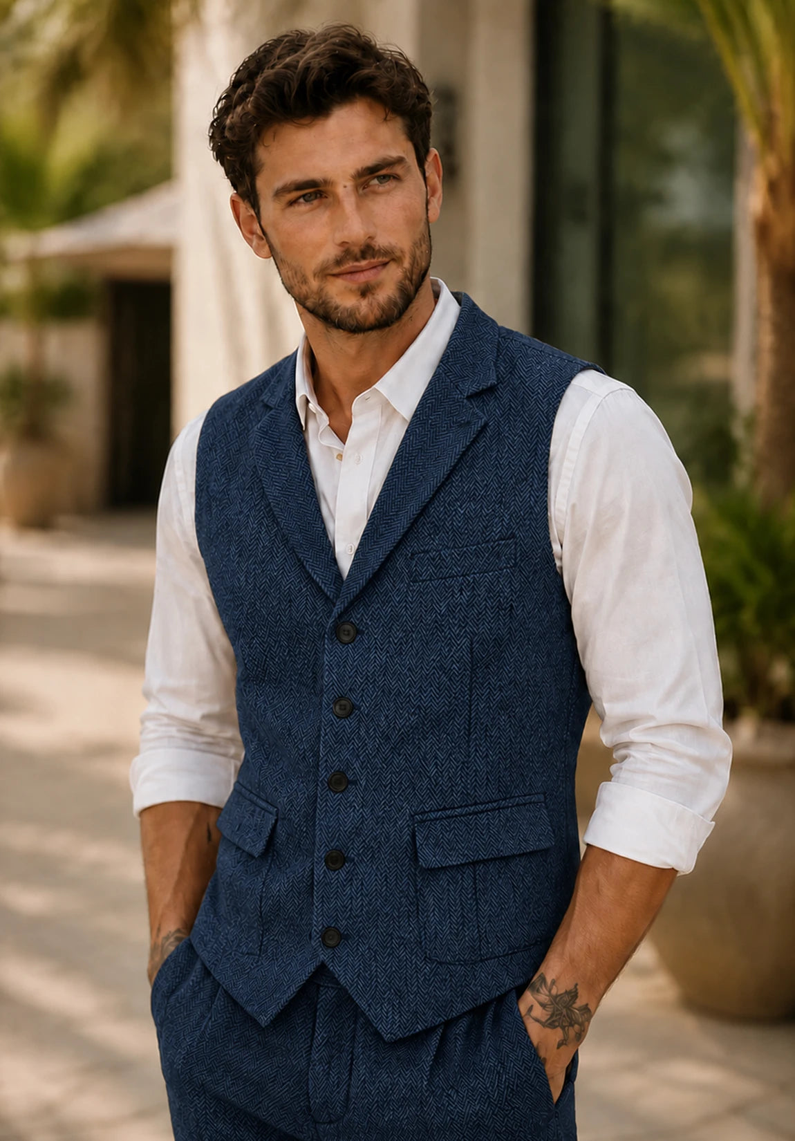 Men's Classic Fit Textured Herringbone Suit Vest for Dinner Party