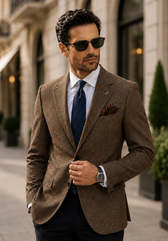 Front view of men's tweed blazer in brown color