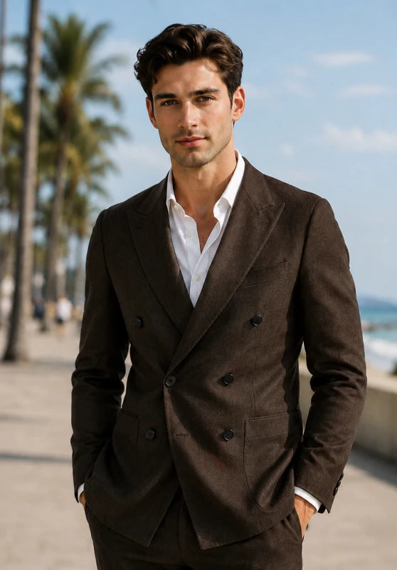 Front view of men's linen blazer in brown 
