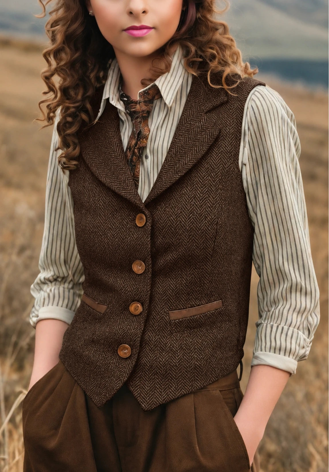 Women's Suit Vest Brown Herringbone Front Styled Look