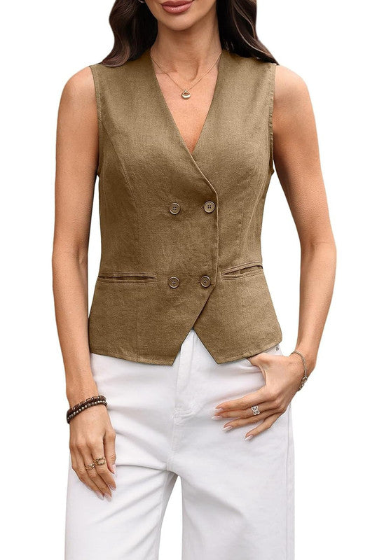 Women's Linen Vest Brown Front View