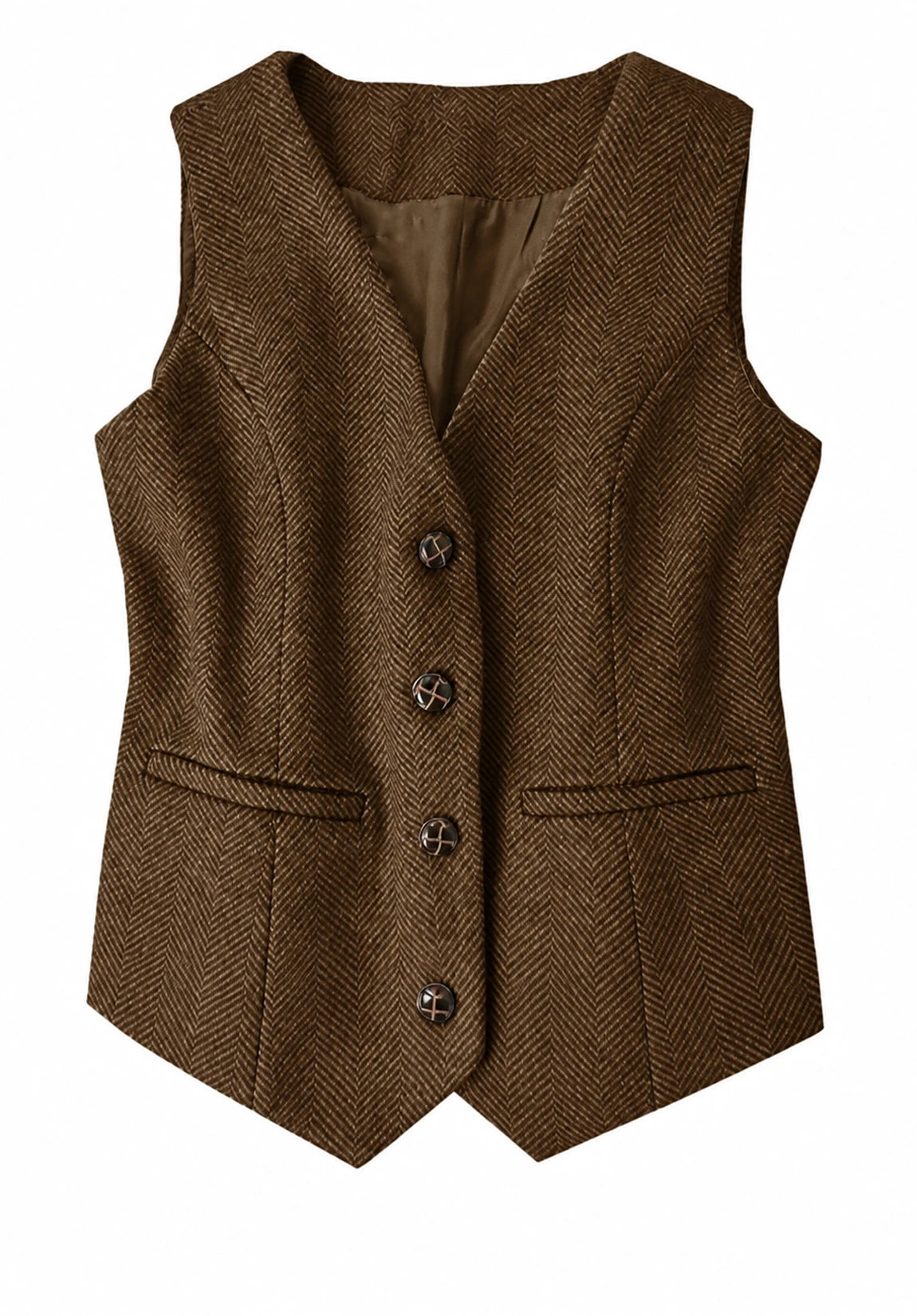 Women's Suit Vest Brown Herringbone Front Styled Look