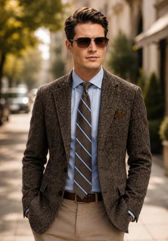Men's herringbone tweed blazer, brown wool-blend fabric classic-fit back view with structured silhouette