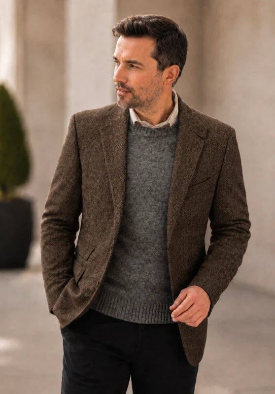 Men's herringbone tweed blazer, brown wool-blend fabric classic-fit close-up fabric and pocket detail