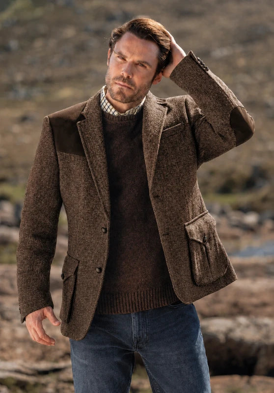 Men's tweed blazer, brown textured tweed slim-fit close-up fabric and pocket detail