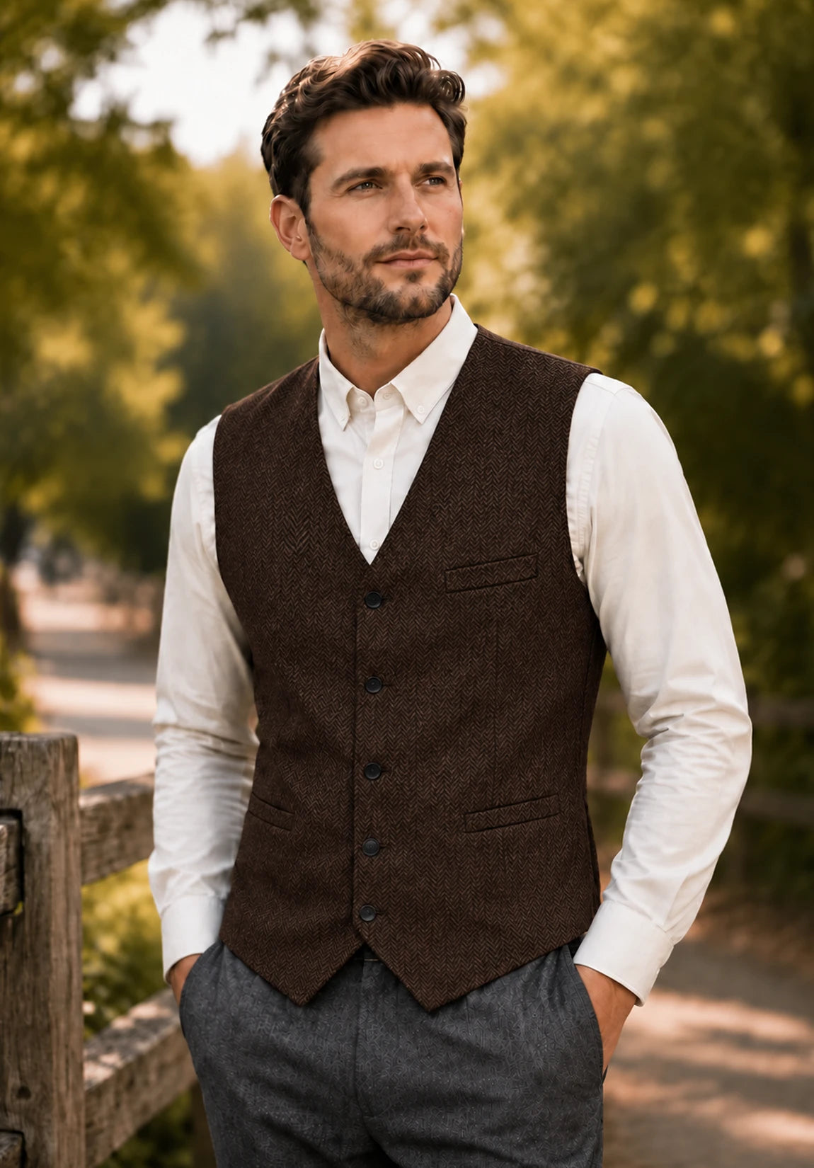 Men's Suit Vest + Brown + Herringbone + Front Styled Look