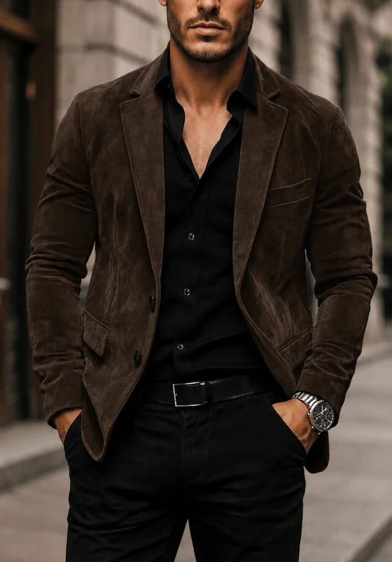 Men's suede blazer, brown soft suede slim-fit close-up fabric and pocket detail