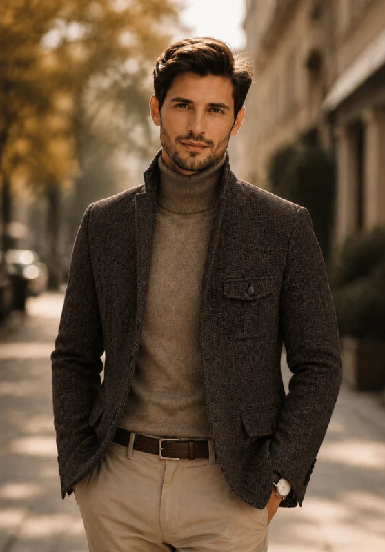 Men's herringbone tweed blazer, brown wool-blend fabric classic-fit close-up fabric and pocket detail
