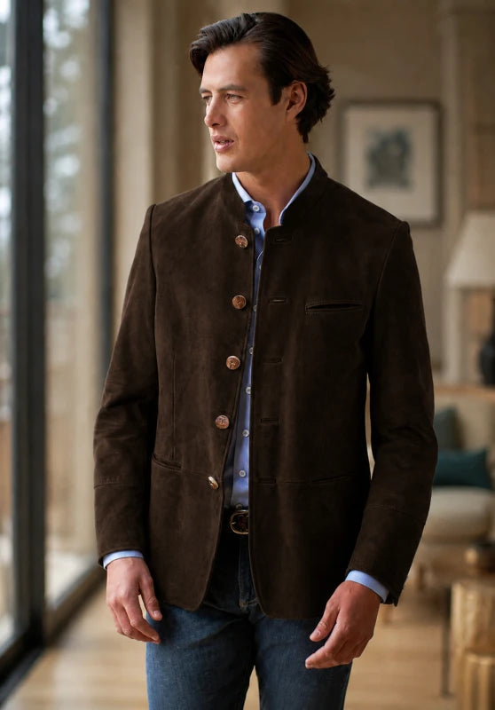 Front view of men's suede blazer in brown