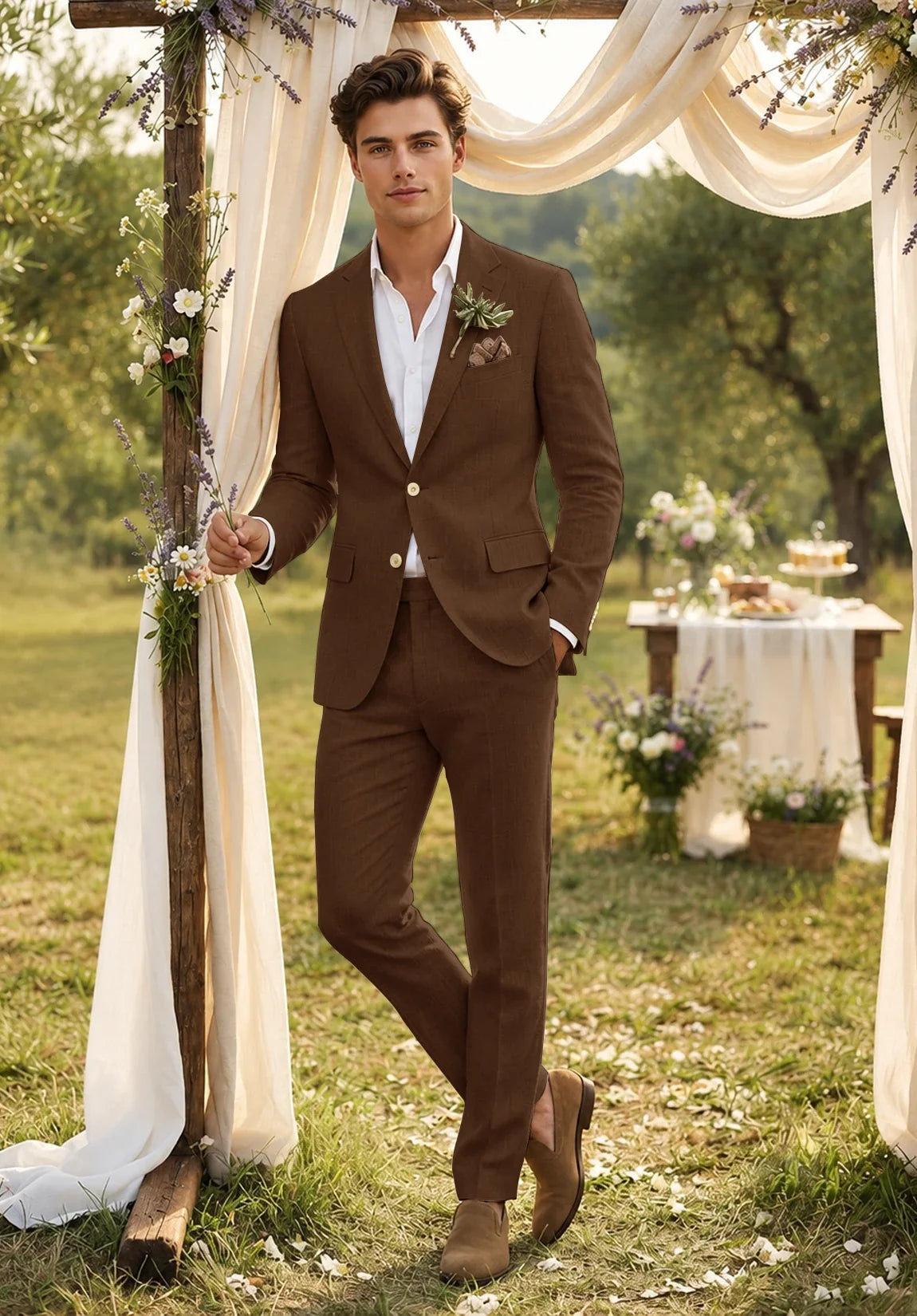 Men's Slim Fit Linen Blend 2 Piece Suit for Wedding