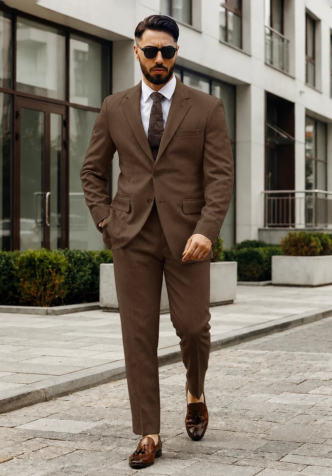Men's Regular Fit Textured Herringbone 2 Piece Suit for Business