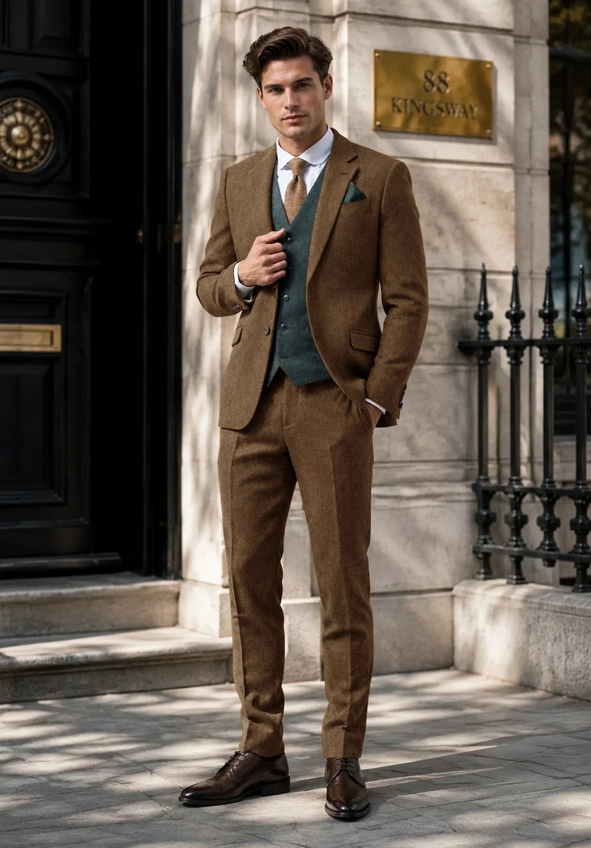 Men's Slim Fit Premium Herringbone 2 Piece Suit for Office