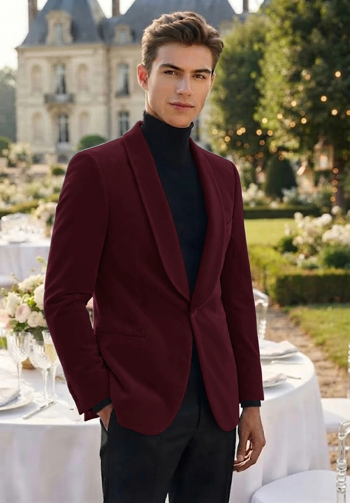Men's burgundy velvet jacket
