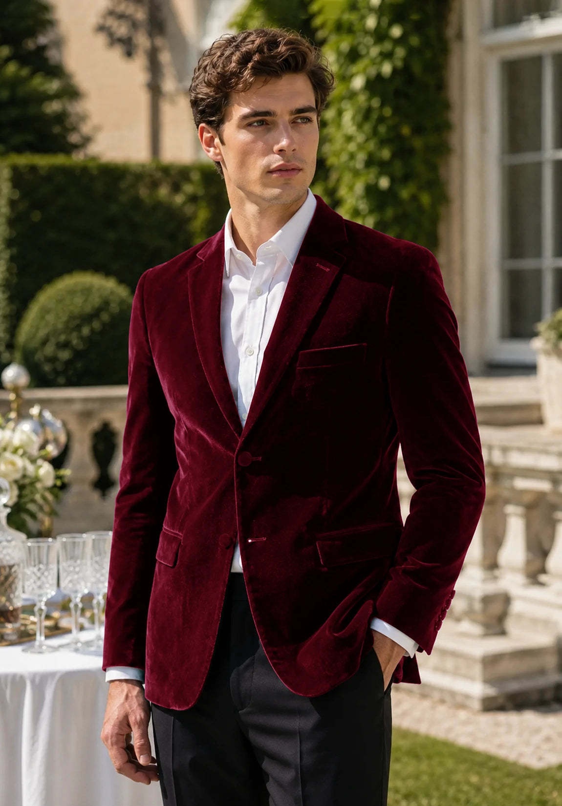 Men's burgundy velvet jacket