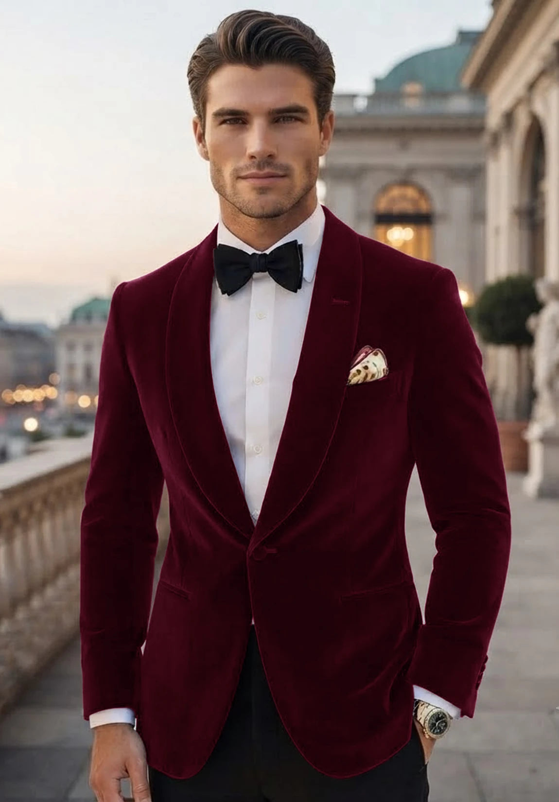 Men's burgundy velvet jacket