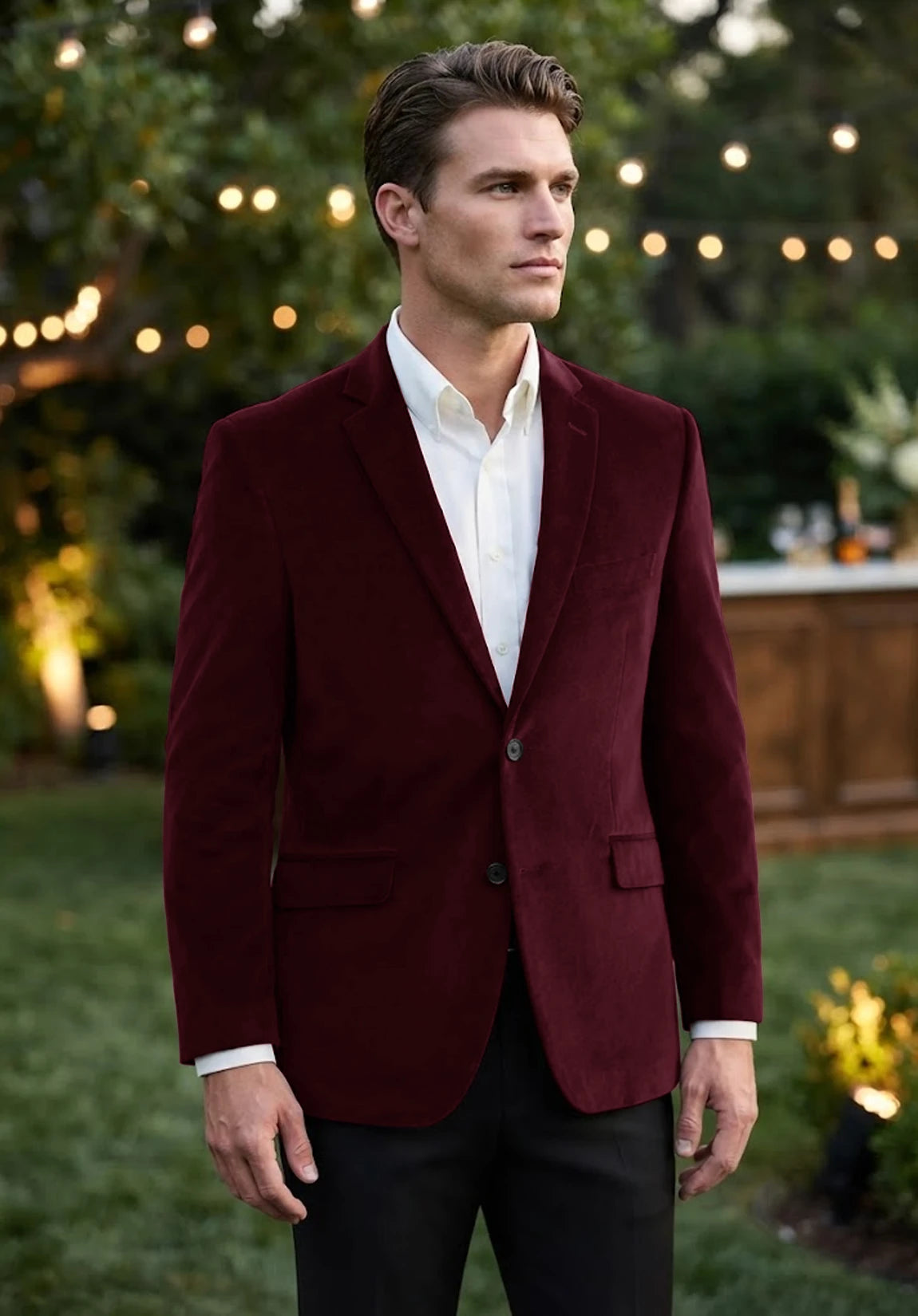 Men's burgundy velvet jacket