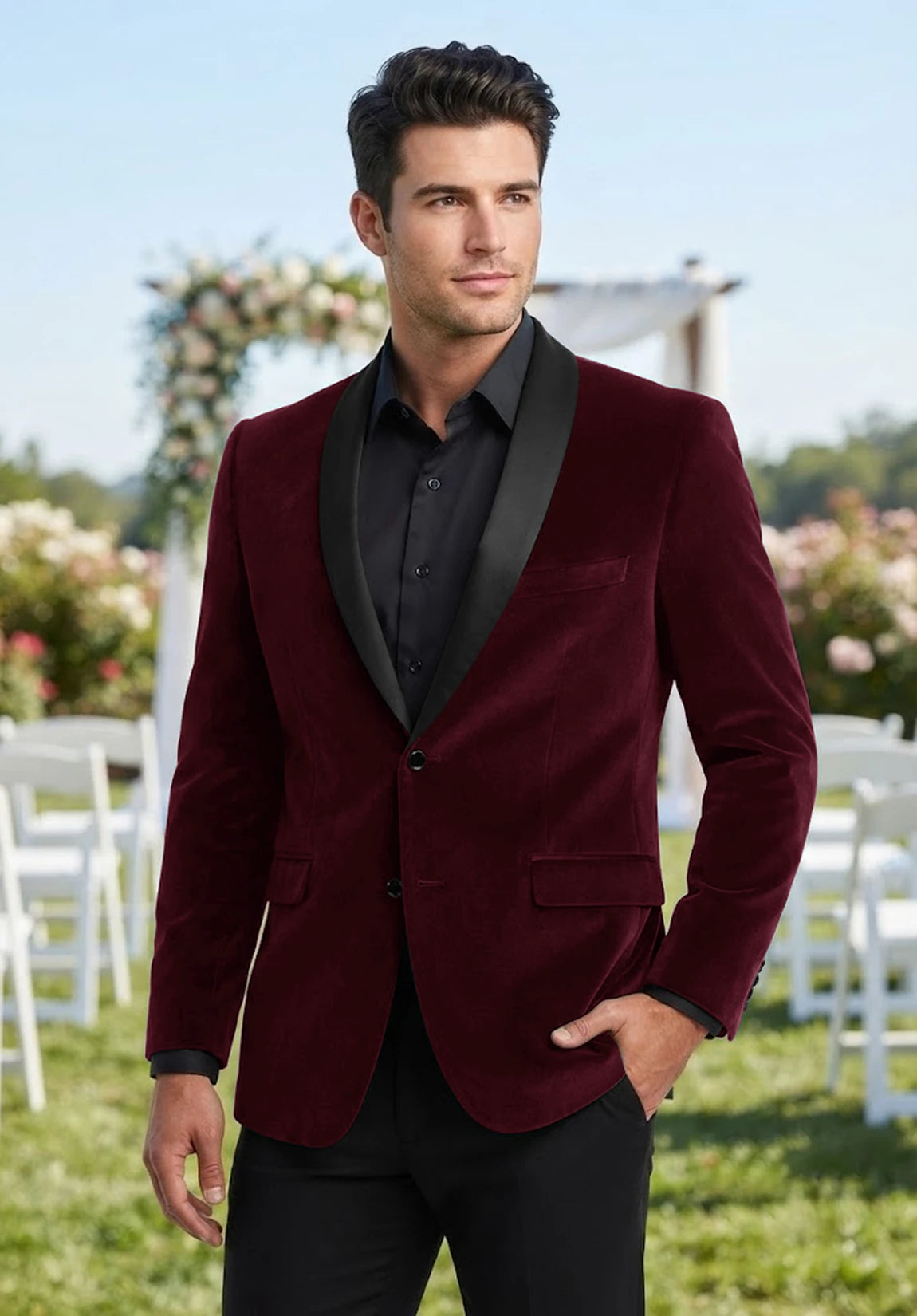 Men's burgundy velvet jacket