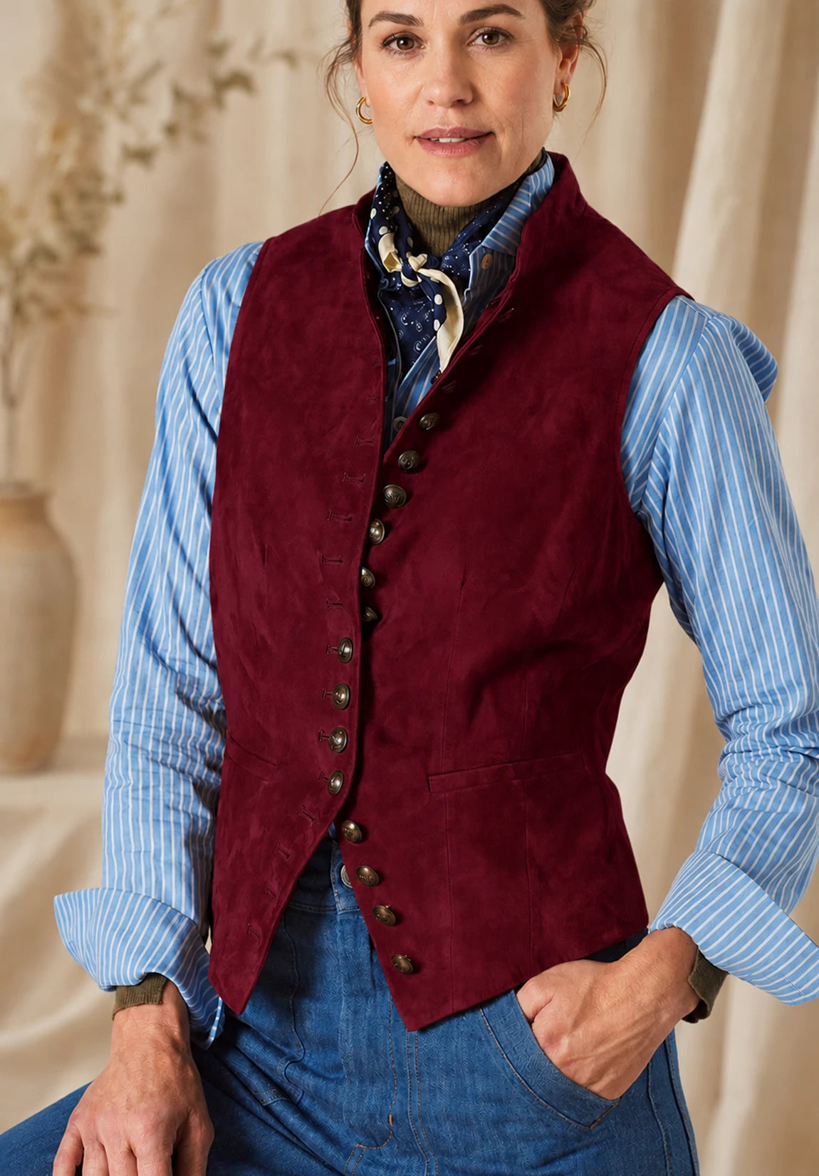 Women's Suit Vest  Burgundy  Suede  Front Styled Look