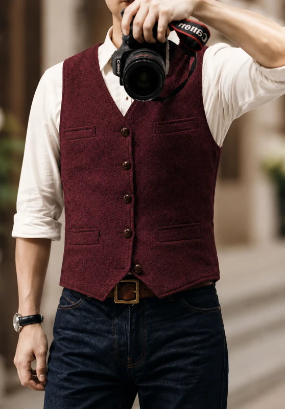 Men's burgundy tweed vest