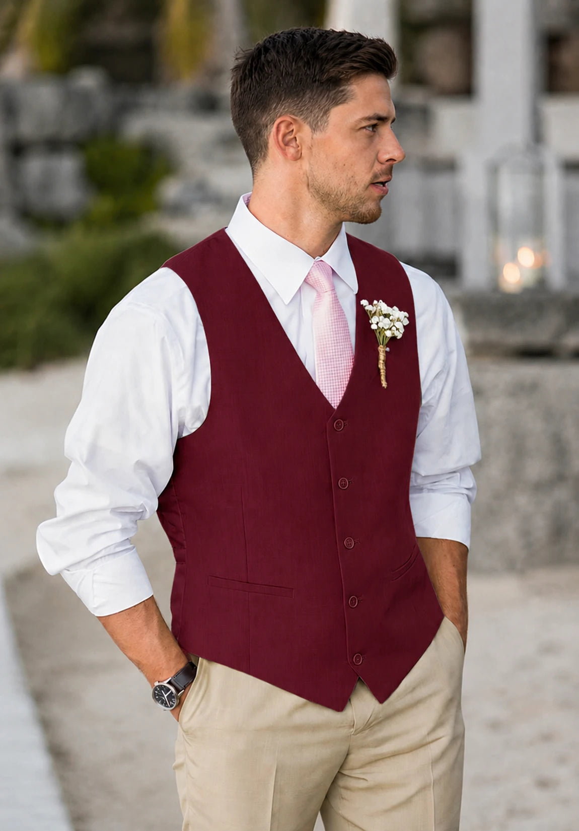 Men's Suit Vest + Burgundy + Five-Button Design + Front Styled Look
