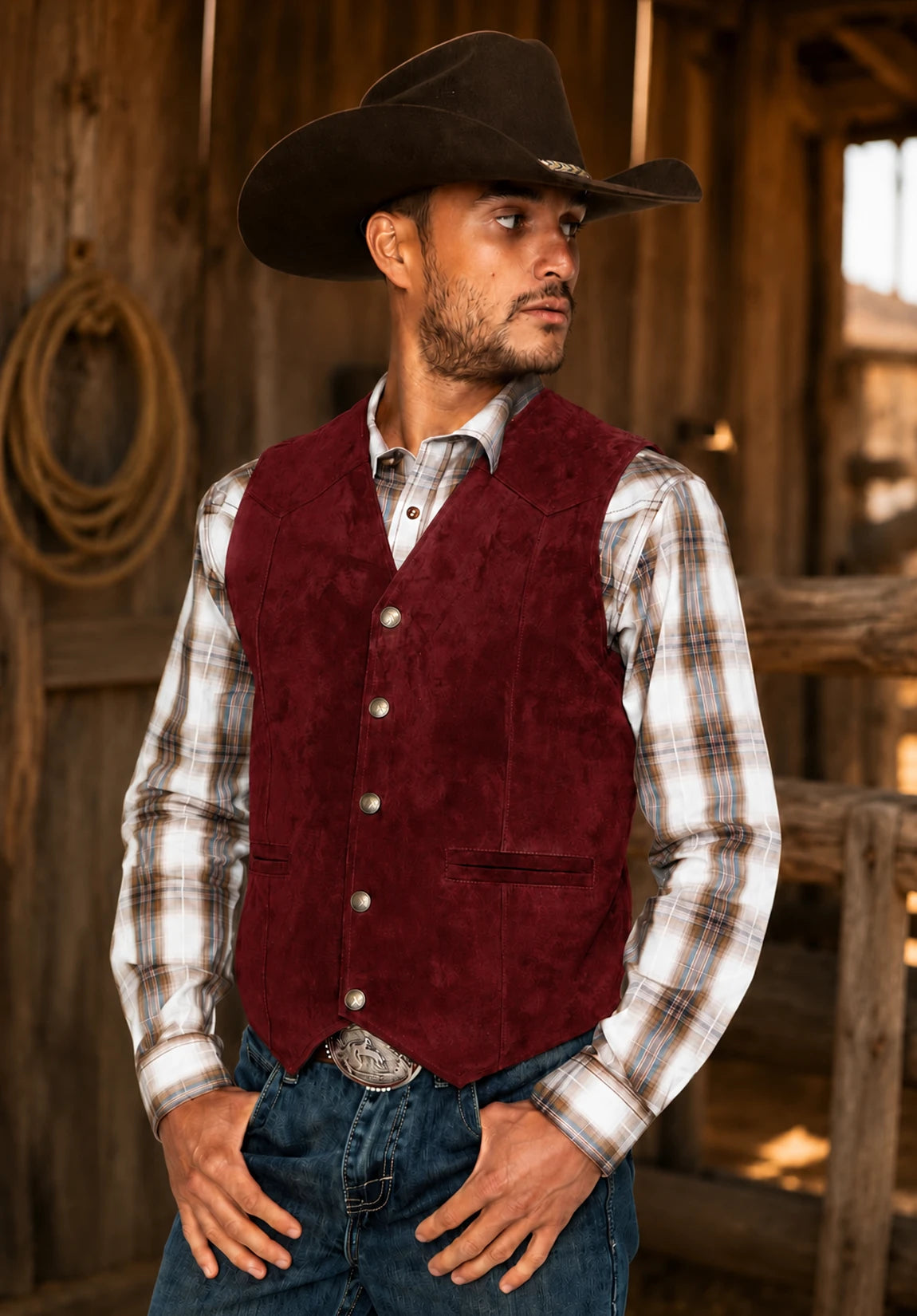 Men's Suit Vest Burgundy Suede Front Styled Look