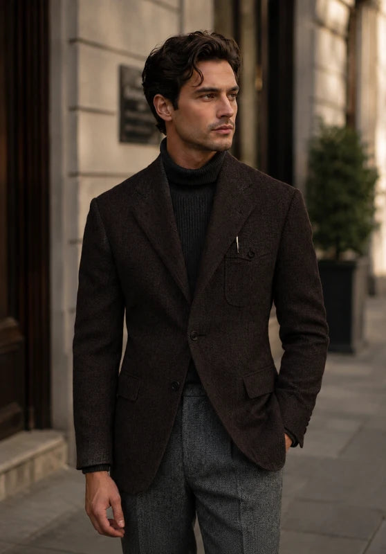 Men's herringbone tweed blazer, camel wool-blend fabric slim-fit close-up fabric and pocket detail